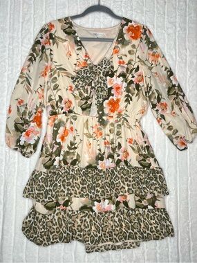 Mixed Print Floral Leopard Mini Dress Medium Tiered Ruffle Tie Front Boho